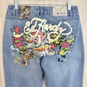 Ed Hardy Baggy Jeans Women's 28 Full Print Back Side Y2K 90s WEHD8100-3 NWT